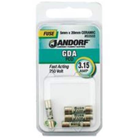 Jandorf Ceramic Fuse, GDA Series, Fast-Acting, 3.15A, 250V AC 3398294